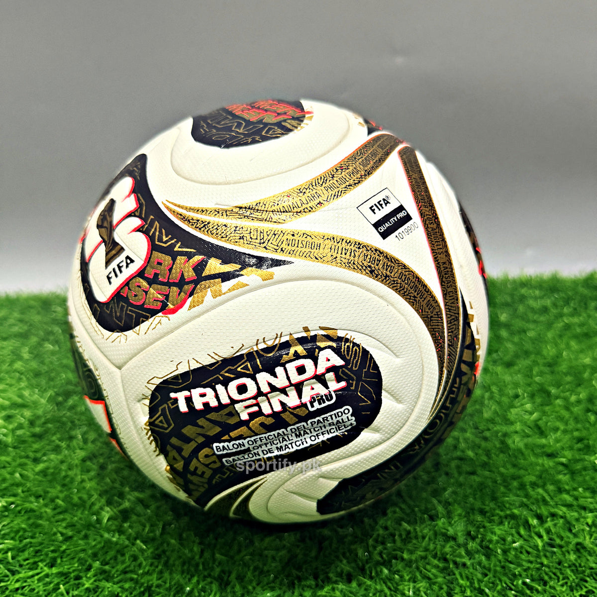 Trionda Final Pro football, white with gold and navy, TRIONDA FINAL name panel and FIFA quality mark