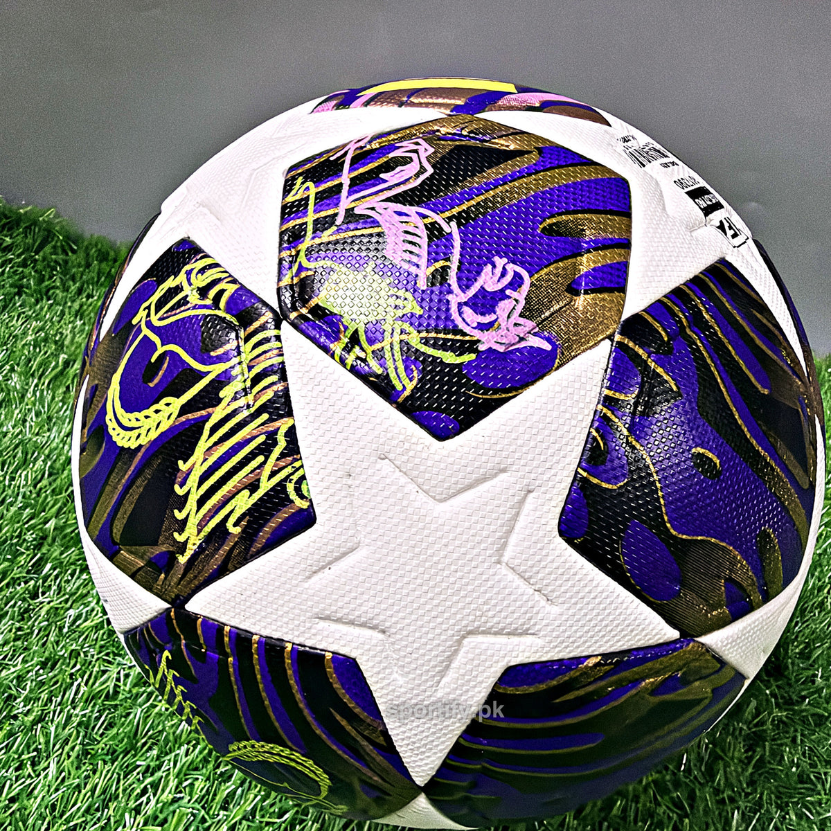 UCL Pro 25/26 Budapest Finale football embossed star pattern, purple and gold